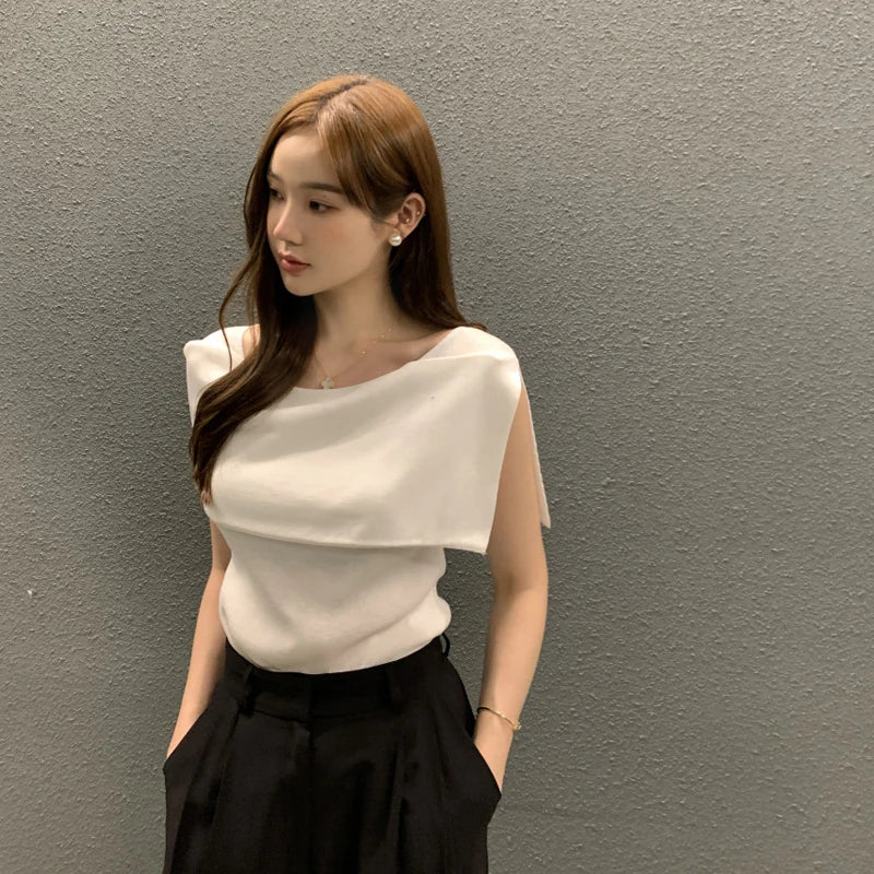 Summer Chic Design Svel Knitted Top Women's Faion Belted Stripe Vintage Retro Small Size Korean Sle Vest
