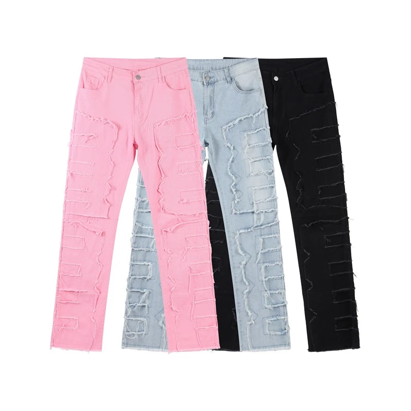 Men Jeans Ripped Vintage Tassel Wash Old Slim Stacked Patch Hip Hop Pencil Denim Man Pants 2026 Streetwear Male Long Trousers