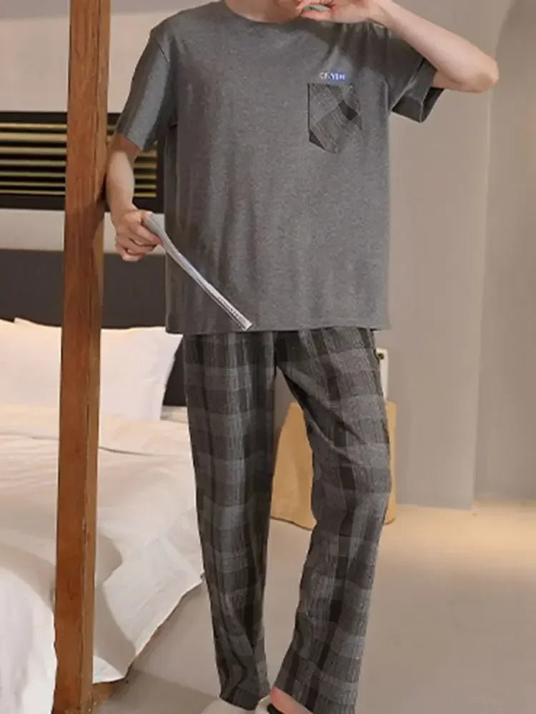 SUKAE Mens Plus Size L-5XL Homewear Summer Cotton Short Sleeve Full Pants Pajamas Set for Man Leisure Sleepwear Trendy Nightwear