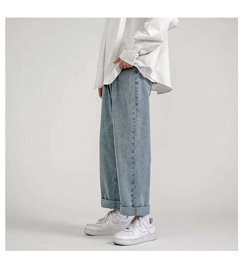 2023 New Korean Fashion Men's Baggy Jeans Classic Unisex Man Straight Denim Wide-leg Pants Hip Hop Bagy Light Blue Grey Black