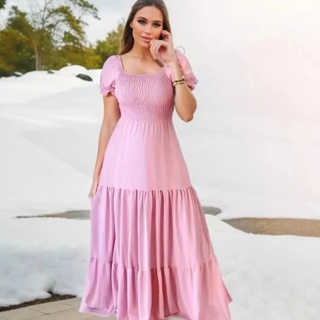A Line Pleated Blue Princess Long Dresses Women Puff Sleeve High Waist Square Neck Maxi Dress Summer Solid Ruffles Party Dresses