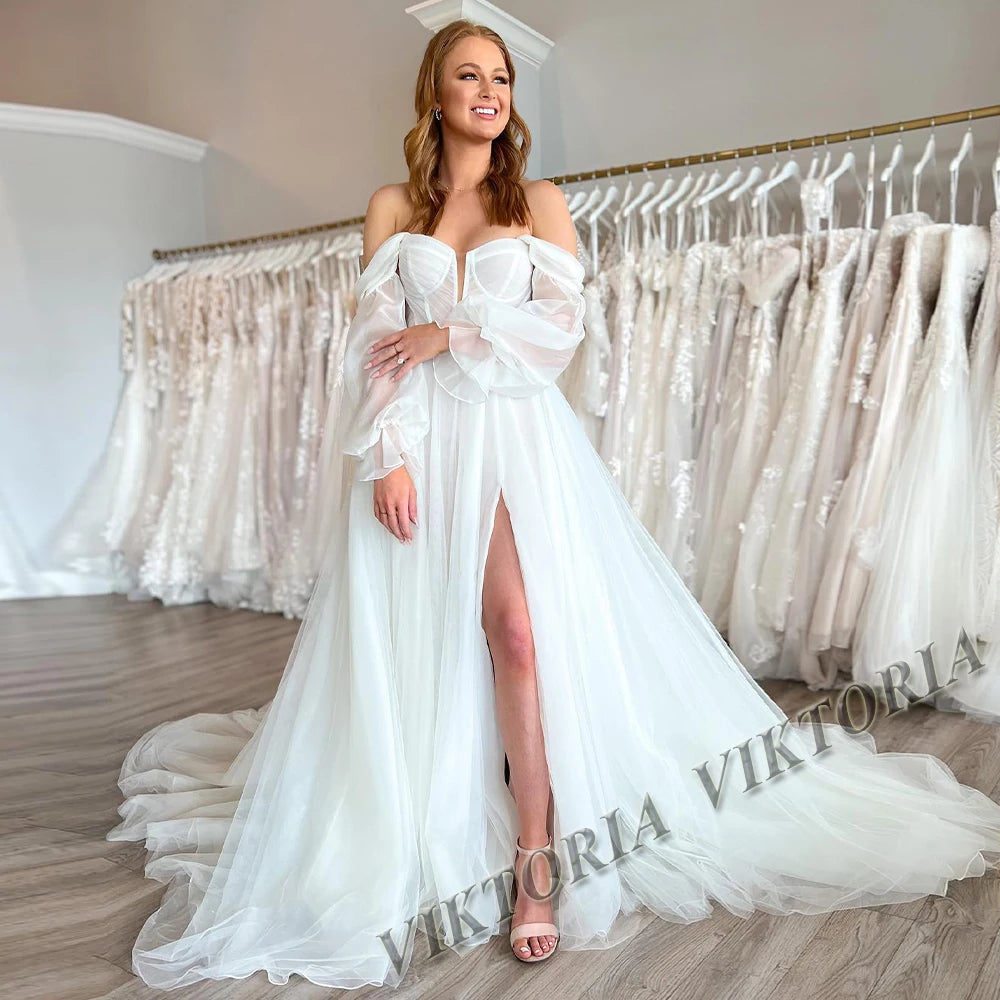 VIKTORIA Fashion Aline Wedding Dresses V-neck Custom-Made Court Train Appliques Sleeveless Robe De Mariée Engagement Plus