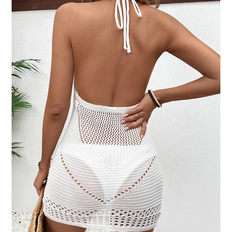 New Style Sexy Backless Tie Up Halter Dress Knitted Hollow Out Swimsuit Cover Up Women Beach Vacation U-Collar Sunscreen Dress
