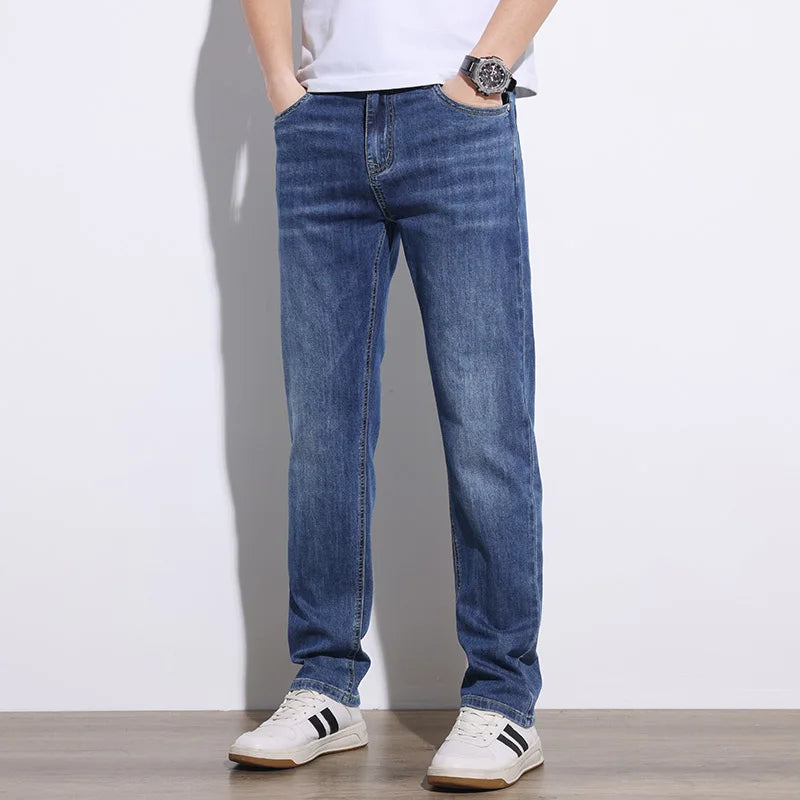 KSTUN 2025 Spring Summer Jeans For Men Slim Straight Gray Light Blue Stretch Jeans Regular Fit Denim Pants Mens Clothing Cowboys