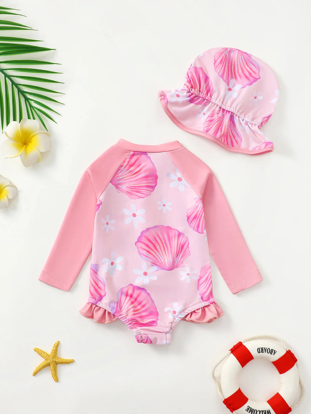Baby Girl Turtle Print Long Sleeve Onesie Swimsuit with Wood Grain Ruffle Hat Matching Ensemble for Infants And Toddlers