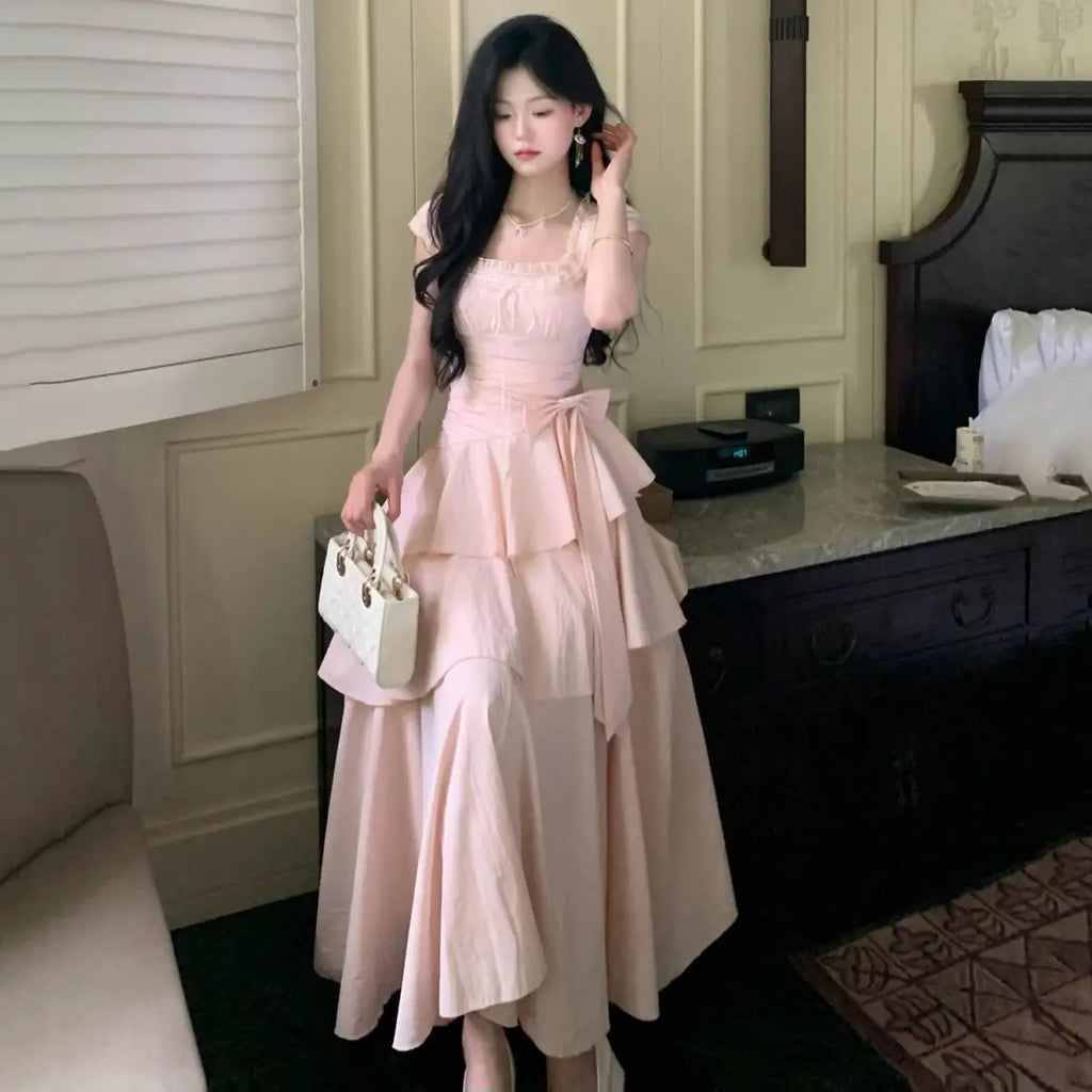 Pink Square Collar Korean Style Long Dress Women Japan Style Sweet Elegant Fairy Dress Female Fashion Summer Casual Party Dress