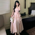 Pink Square Collar Korean Style Long Dress Women Japan Style Sweet Elegant Fairy Dress Female Fashion Summer Casual Party Dress