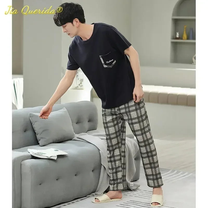 SUKAE Mens Plus Size L-5XL Homewear Summer Cotton Short Sleeve Full Pants Pajamas Set for Man Leisure Sleepwear Trendy Nightwear