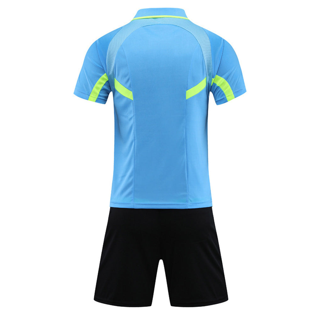 Mens Soccer Jersey Referee Outfit Football Match Uniform Tracksuit Turn-Down Collar Short Sleeve Pockets T-shirt with Shorts