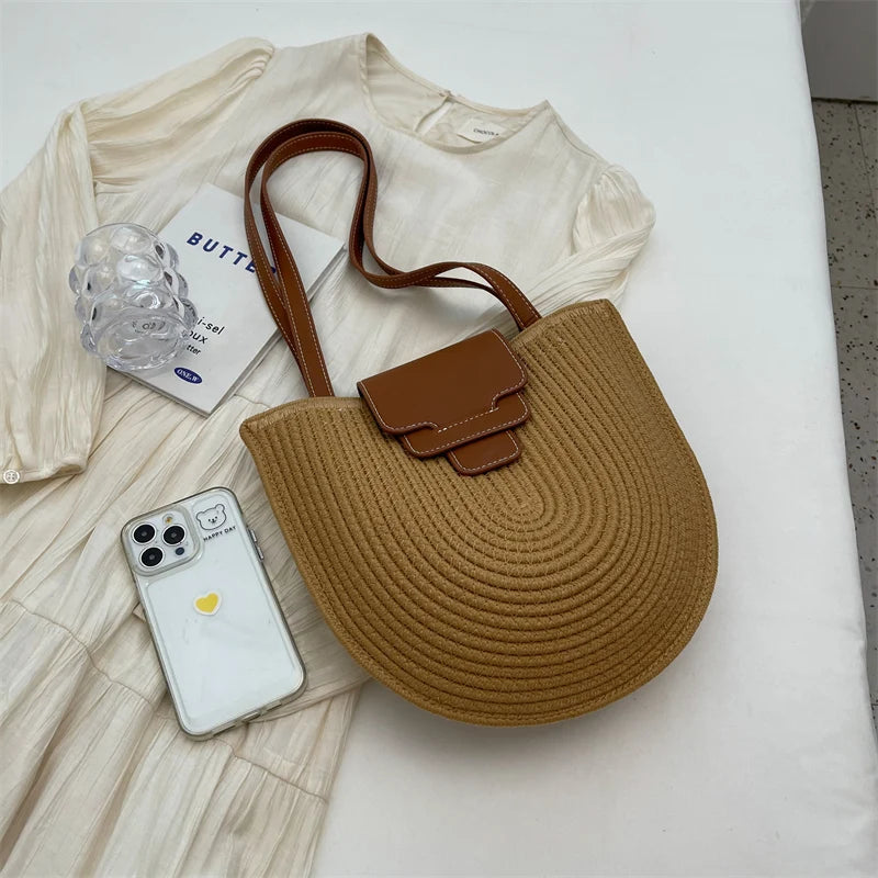 Large Capacity Beach Shopping Bag Luxury Design Woven Shoulder Bag Women Handmade Cotton Thread Woven Handbag Summer Travel Bag
