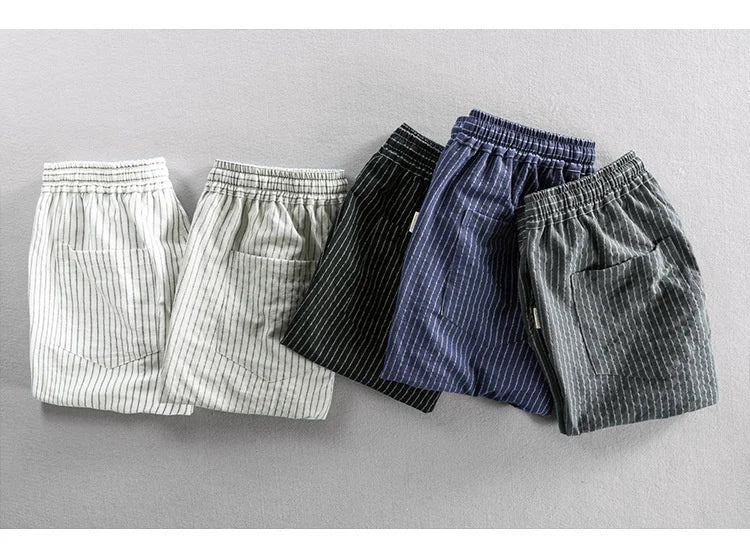 Summer Cotton Beach Shorts Pants For Men Casual Breathable Comfortable Striped Loose Drawstring Cropped Youth Man Shorts Pants