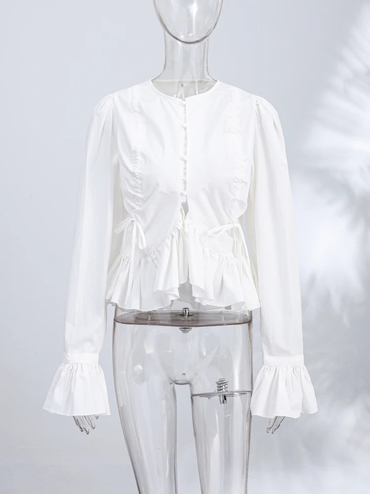 Elegant Chic Ruffle Hem Women's Shirt Flare Sleeve Single Breasted Drawstring Pleat Cropped Shirts 2026 Spring Summer Lady Top