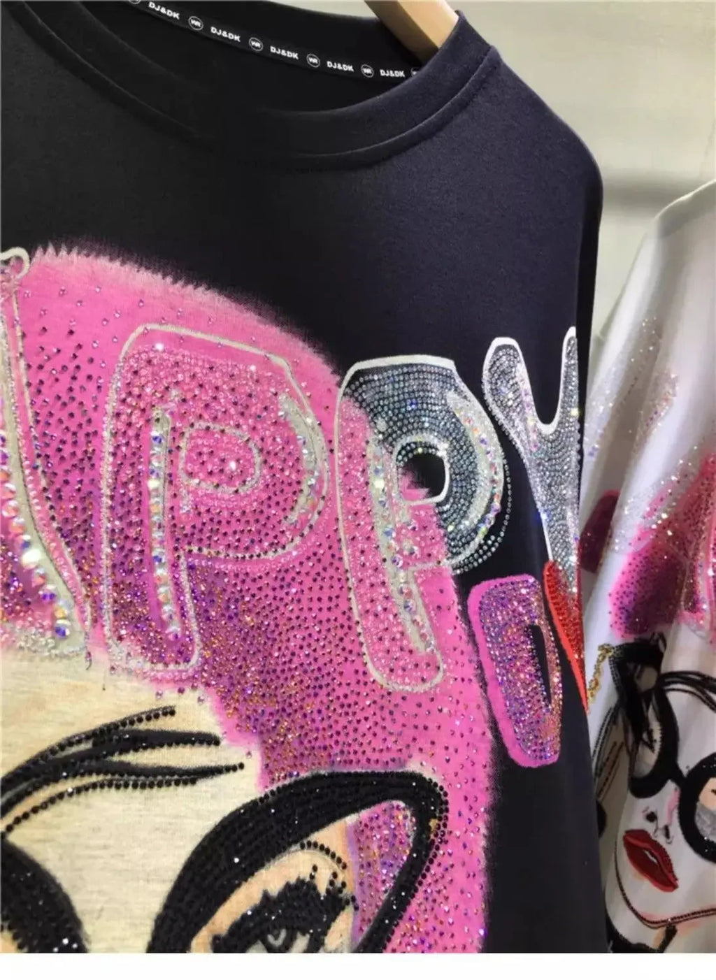 L-4XL Plus Size Casual T Shirts for Women Cartoon Lady Rhinestone Summer Short Sleeve Loose Tops Womens Clothing Женская Одежда
