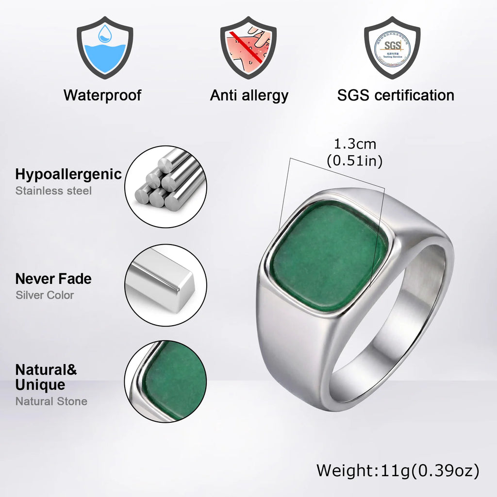 Stylish Square Natural Stone Ring for Men,Waterproof Stainless Steel Signet Ring,Birthday Party Gift for Him Dad