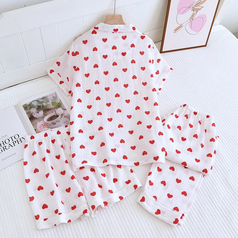 100% Cotton Pajamas Women 3Pcs Set Lounge Sleepwear Suit Spring Summer Floral Print Home Clothes Short Sleeve Sleeping Pijama