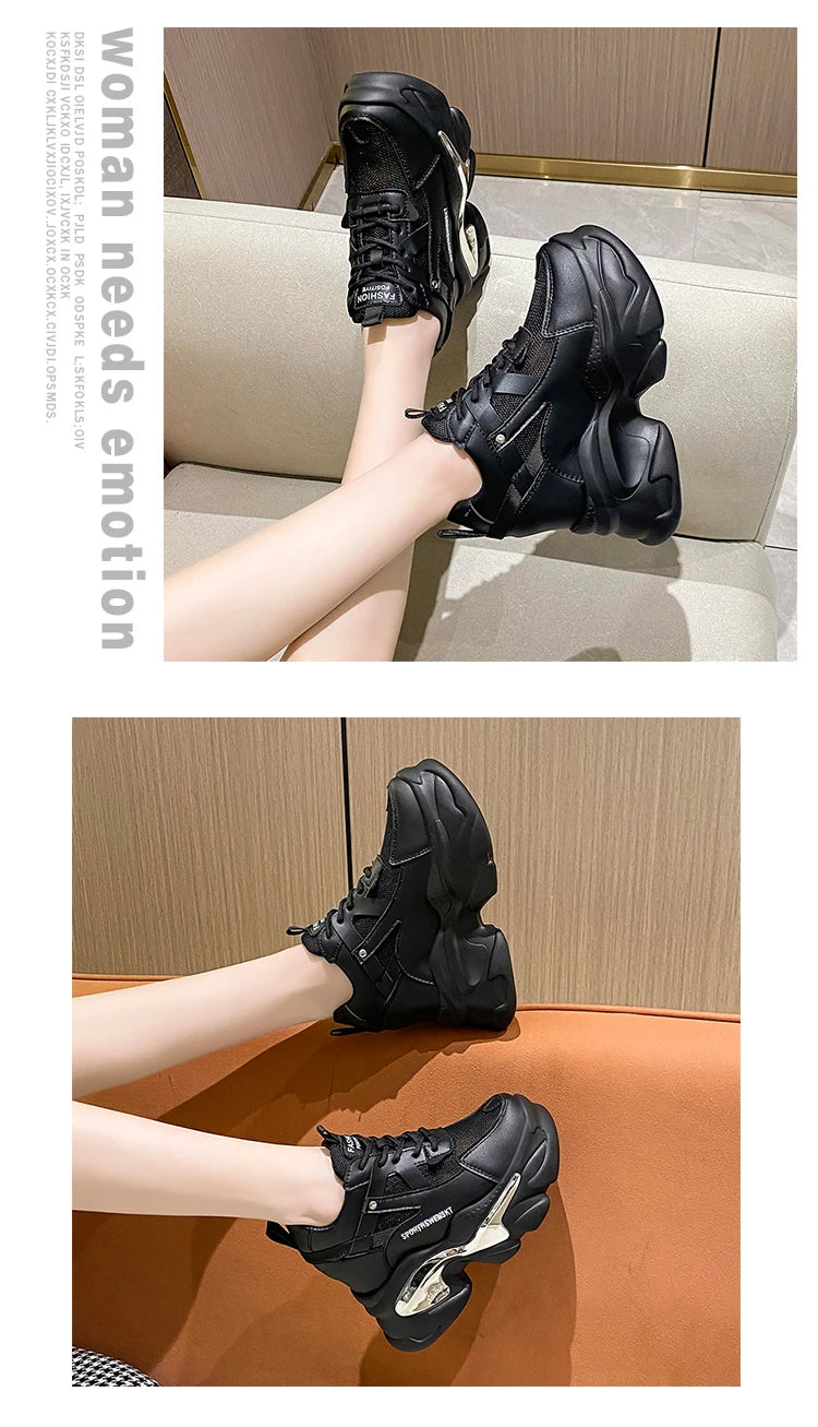 2025 Women Chunky Sneakers Platform Ulzzang Sports Shoes Summer Thick Bottom Breathable Mesh Casual Shoes 11CM High Heels Woman