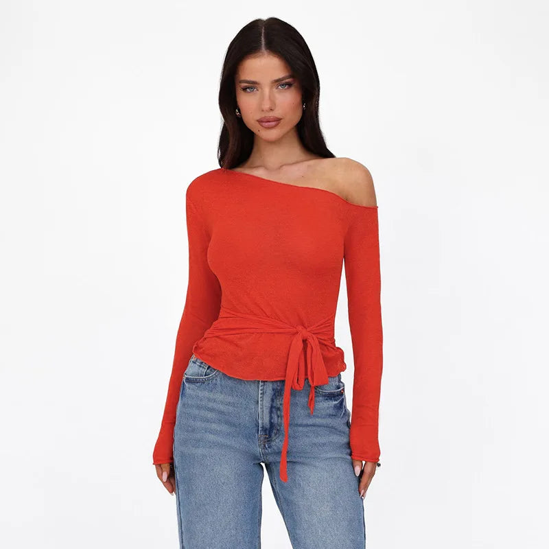 One Shoulder T Shirts For Women Aesthetic Clothes Sashes Crop Top Y2k Accessories Long Sleeve Lady Tshirt Ropa Mujer Camisetas