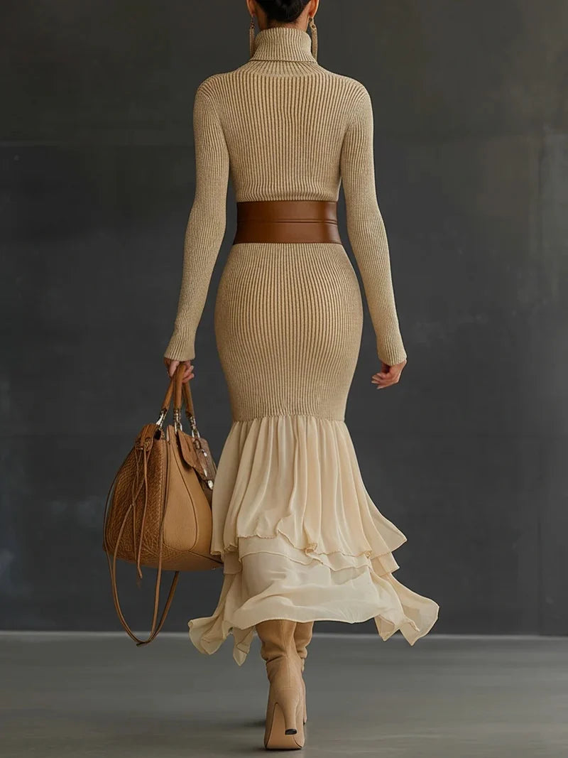 Knitted Turtleneck Dress for Women's Long Sleeve Bodycon Chiffon Patchwork Solid Elegant Autumn Casual Vintage Slim Dresses