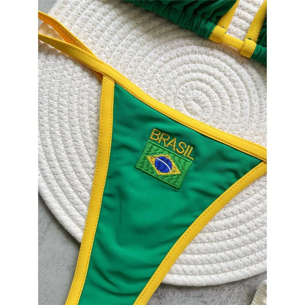 Women's Brazilian Flag Bikini Set - Two-Piece G-String Thong Swimwear, Sexy Female Bather Swimsuit for Beach Vacation, Pool Part