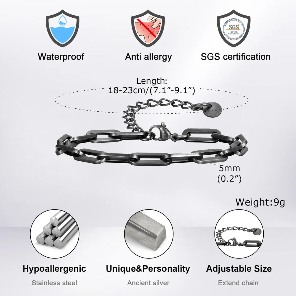 Vnox Paperclip Chain Bracelet For Men, Four Color Casual Business Rectangle Links Wristband, 5mm Wide Adjustable Chain Jewelry