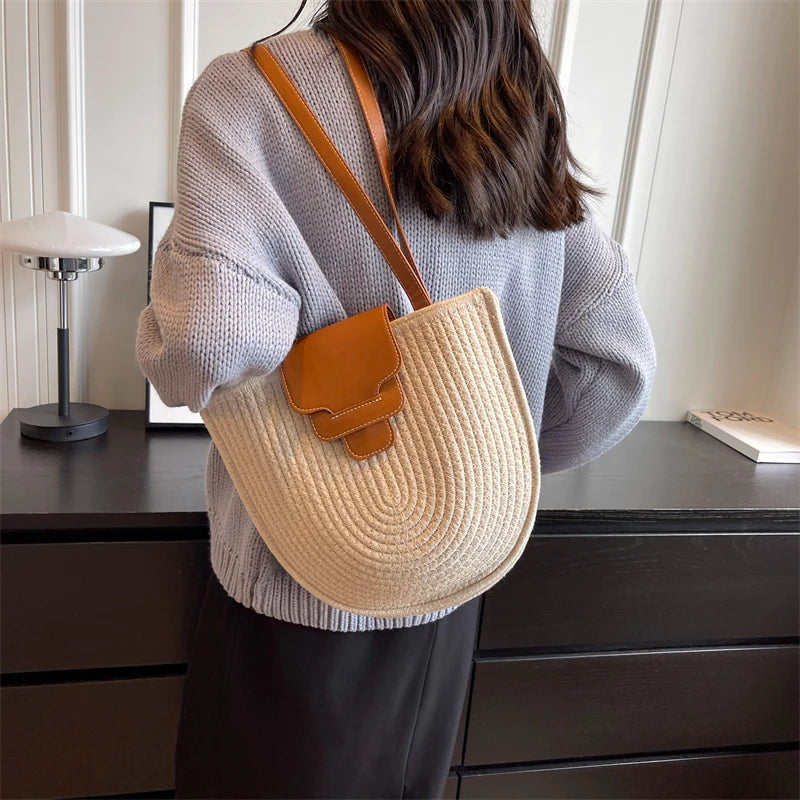 Large Capacity Beach Shopping Bag Luxury Design Woven Shoulder Bag Women Handmade Cotton Thread Woven Handbag Summer Travel Bag