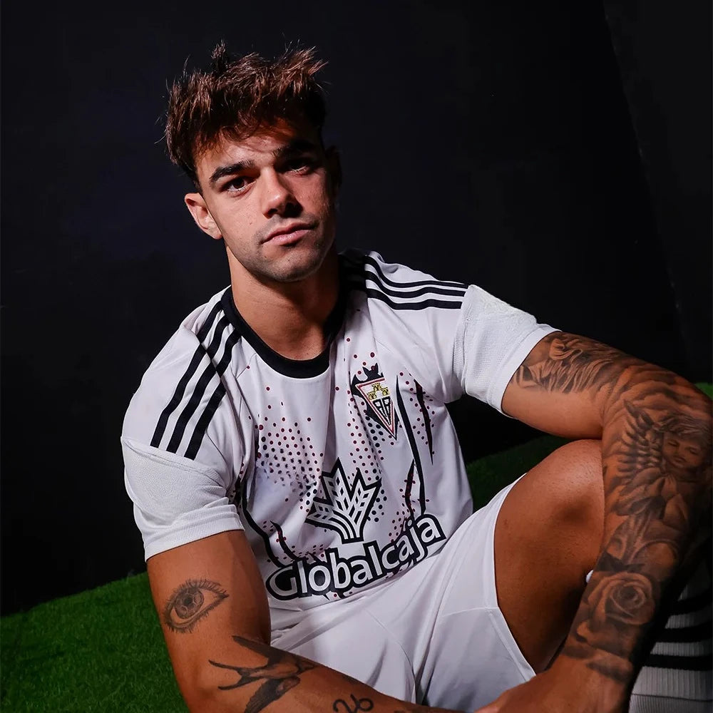 Soccer Jersey - White with Red & Black Details Globalcaja Sponsor Club Badge Official Football Shirt for Fans