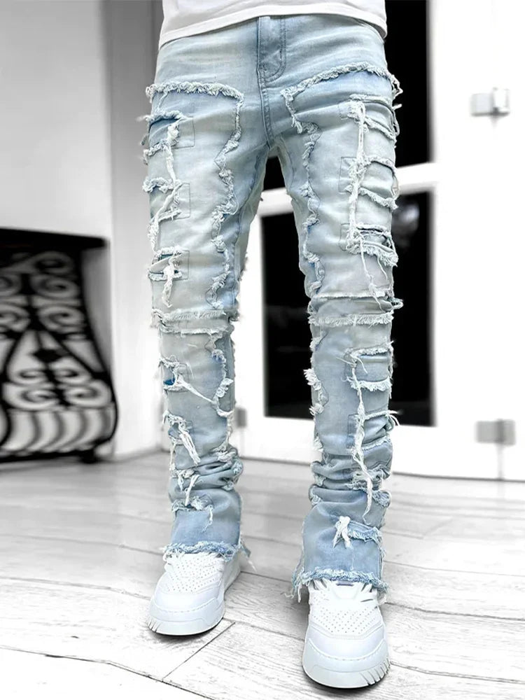 Men Jeans Ripped Vintage Tassel Wash Old Slim Stacked Patch Hip Hop Pencil Denim Man Pants 2026 Streetwear Male Long Trousers
