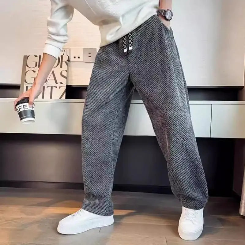 Autumn Winter Loose Men's Sherpa Fabric Straight Pants Man Fashion Thick Pockets Trousers Solid Color Male Clothes
