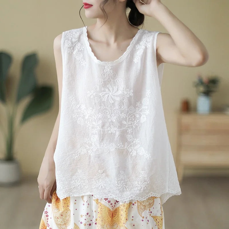 Loose Fit Embroidered Cotton Linen Svel Top Thin Sle Women's Tank Top Vest Brand New Goods Tailored for Summer