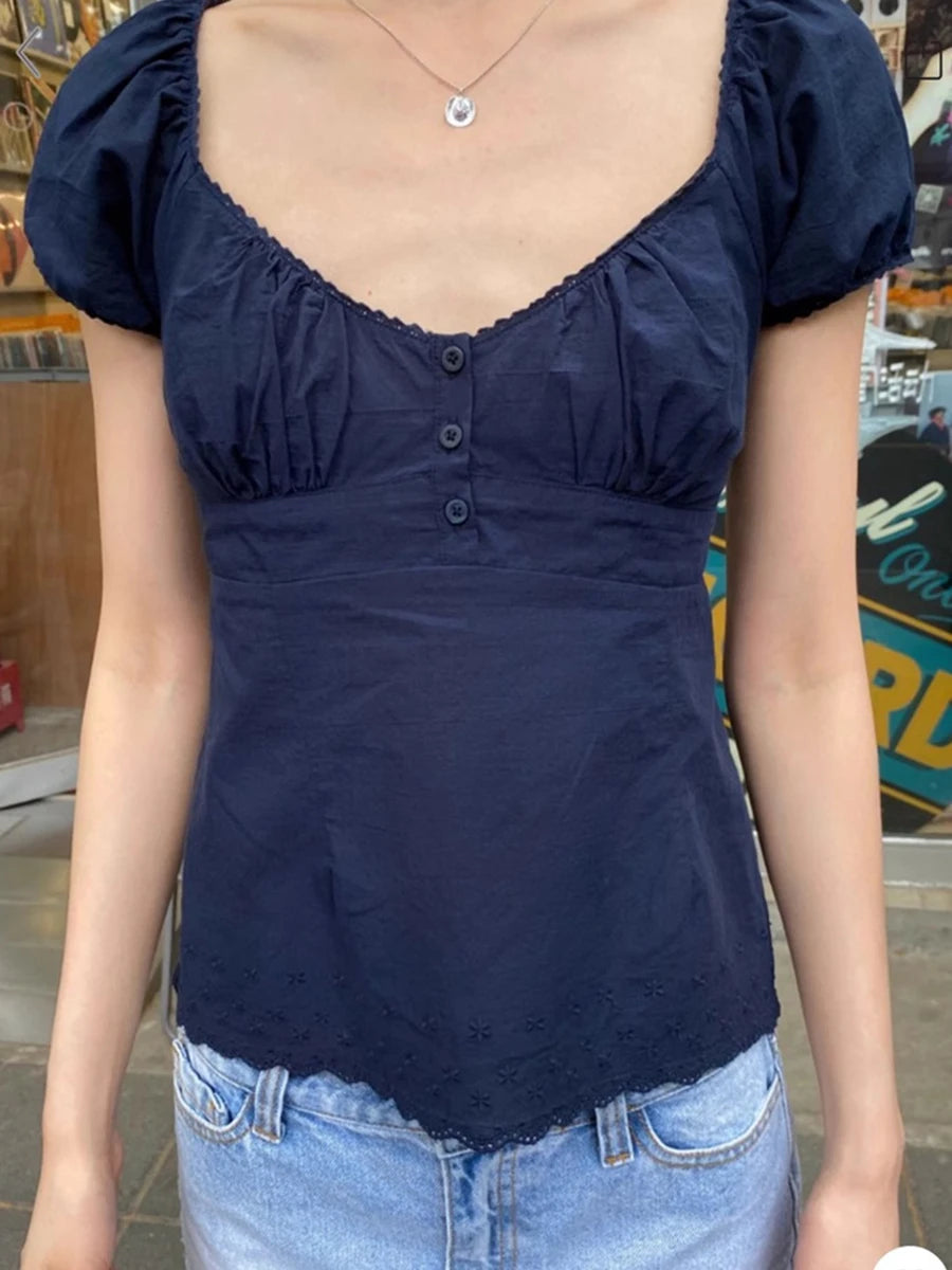 Lace Trim Embroidery Navy T-shirt Women Three Buttons Folds Square Collar Puff Sleeve T-shirt Summer Sweet Casual Vintage Blouse