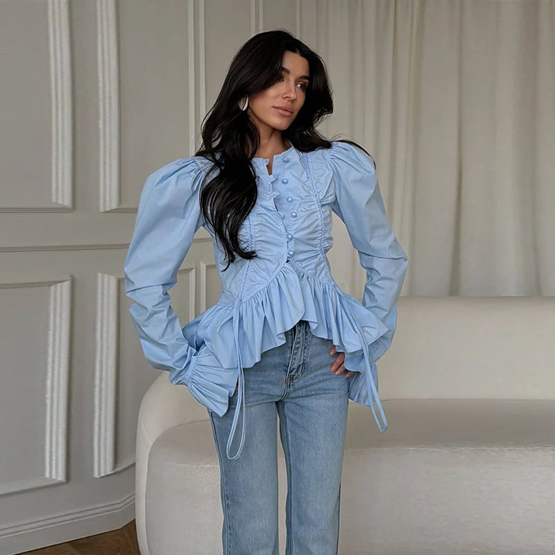 Elegant Chic Ruffle Hem Women's Shirt Flare Sleeve Single Breasted Drawstring Pleat Cropped Shirts 2026 Spring Summer Lady Top