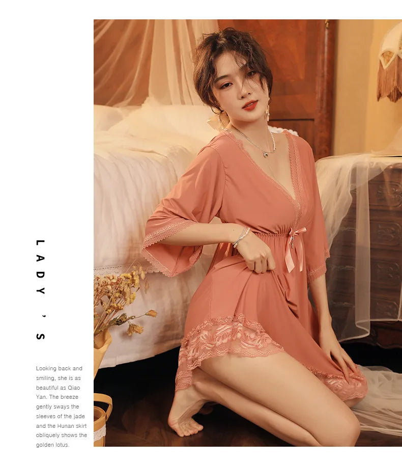 Fdfklak M-3XL Women’s Nightgowns Sexy Lace Deep V Neck Sleepshirt Mesh Short Sleeve Summer Nightdress Female Nightwear Dress