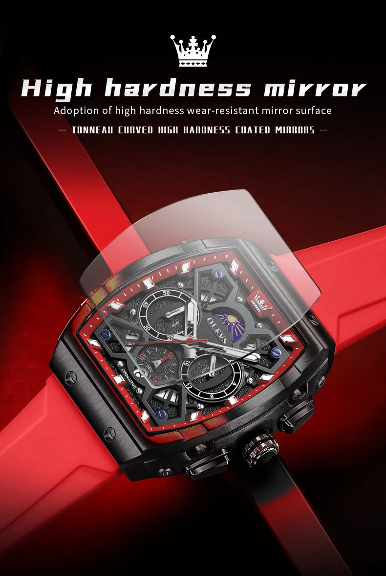 OLEVS 2942 Man Watch Silicone Strap Tonneau Design Dial Multifunction Quartz Watch for Men Moon Phase Calendar Chronograph Watch