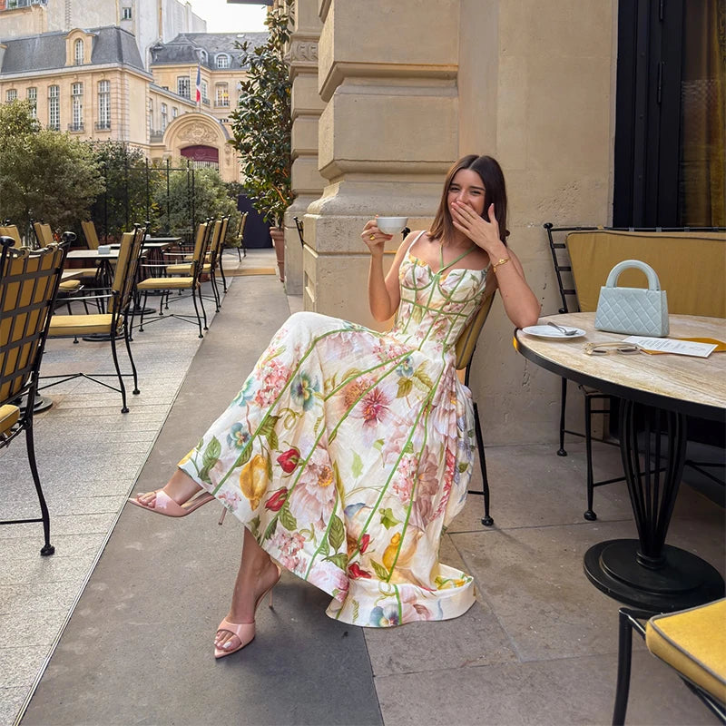 Elegant Printed Women's Dress Sleeveless Halter Waist-Closed A-Line Lady Dresses 2026 Spring Summer Female Robe New