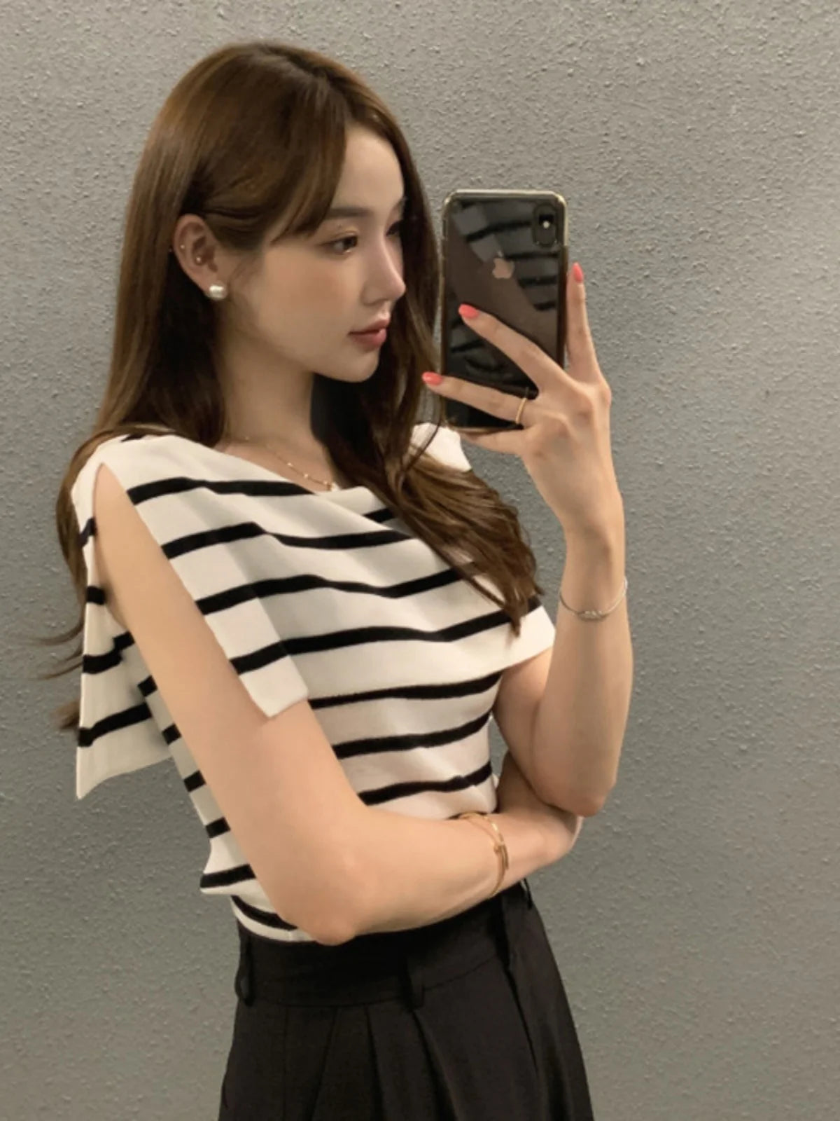 Summer Chic Design Svel Knitted Top Women's Faion Belted Stripe Vintage Retro Small Size Korean Sle Vest