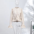 Elegant Chic Ruffle Hem Women's Shirt Flare Sleeve Single Breasted Drawstring Pleat Cropped Shirts 2026 Spring Summer Lady Top