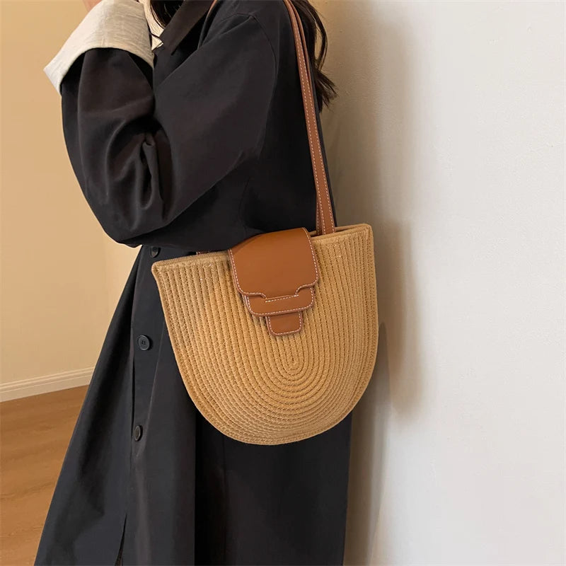 Large Capacity Beach Shopping Bag Luxury Design Woven Shoulder Bag Women Handmade Cotton Thread Woven Handbag Summer Travel Bag