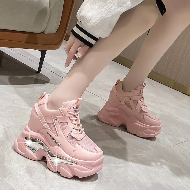 2025 Women Chunky Sneakers Platform Ulzzang Sports Shoes Summer Thick Bottom Breathable Mesh Casual Shoes 11CM High Heels Woman