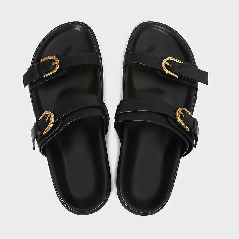 Metal Buckle Soft Leather Women Roman Shoes Thick Bottom Women Summer Slippers Leisure Comfort Non-slip Women Beach Flat Sandals