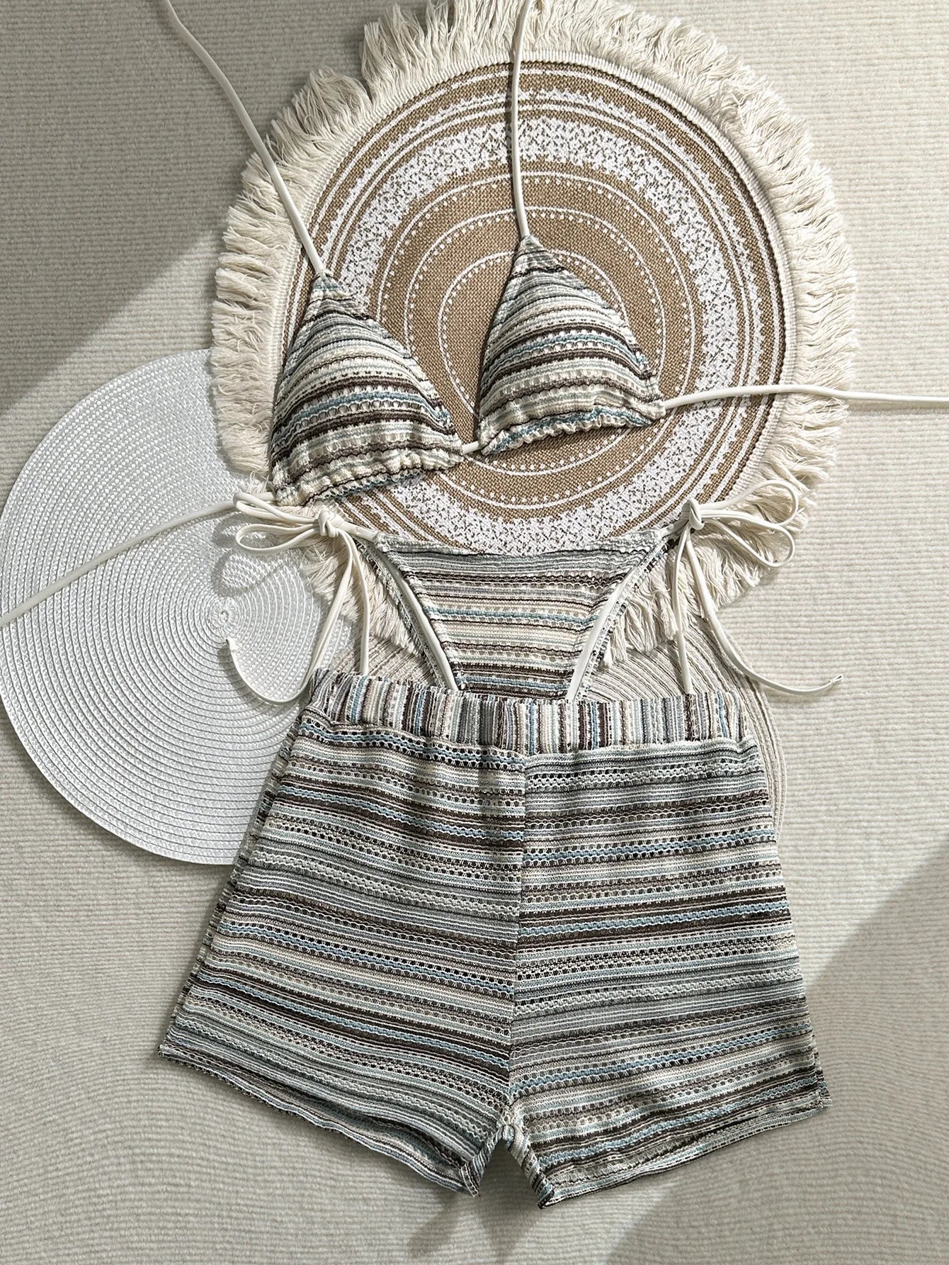 Sexy Crochet Bikini Set 2026 Women Coffee Contrast Striped High Waist Panties 3 Piece Swimsuit Bathing Suit Knitted Swimwear