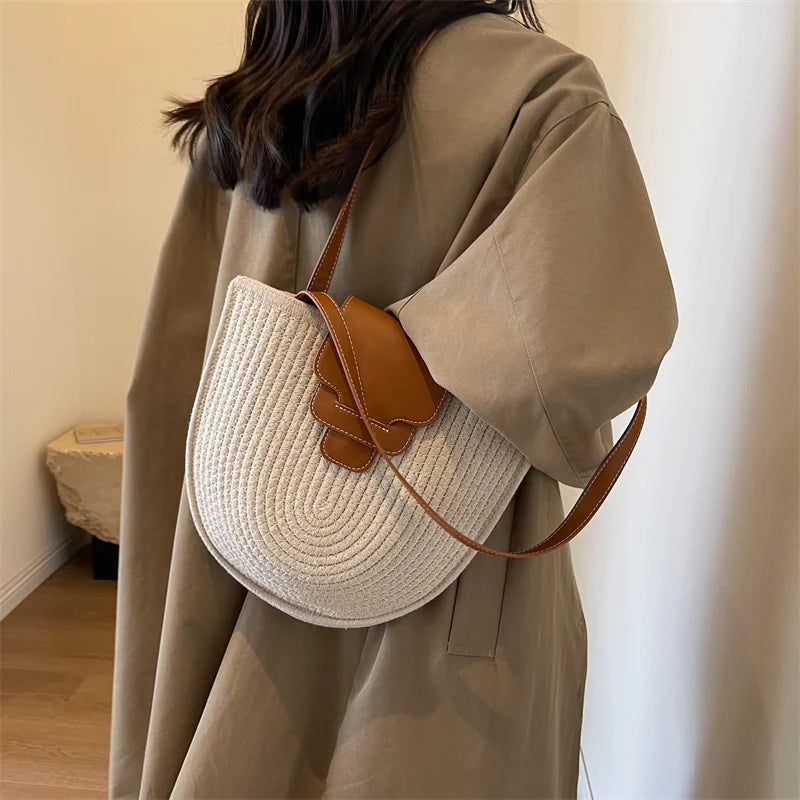 Large Capacity Beach Shopping Bag Luxury Design Woven Shoulder Bag Women Handmade Cotton Thread Woven Handbag Summer Travel Bag