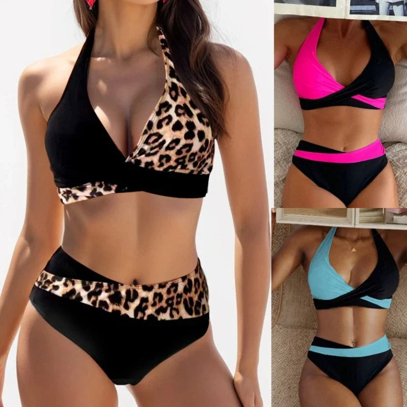 New Sexy Backless Bikini Cross Strap Color Collision Swimwear Women Split Bikini Set Two Pieces Bathing Suit Beachwear Swimsuit