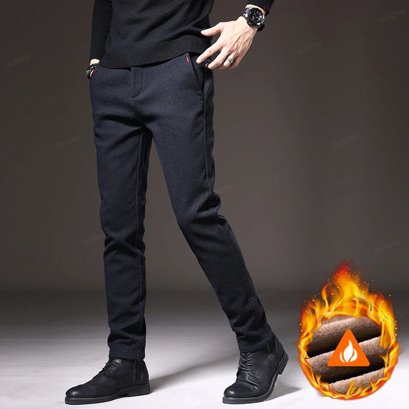 Winter Fleece Warm Men's Brushed Fabric Casual Pants Outdoors Business Thick Velvet Cotton Flocking PlushTrousers Male 28-38