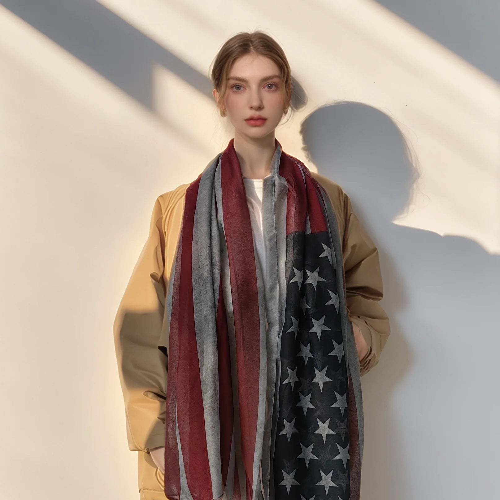 Popular Shawl American Flag Oblong Scarfs Patriotic Stars Pattern Headscarf Muffler Voile Soft Wrap Geometric Stripes Scarf
