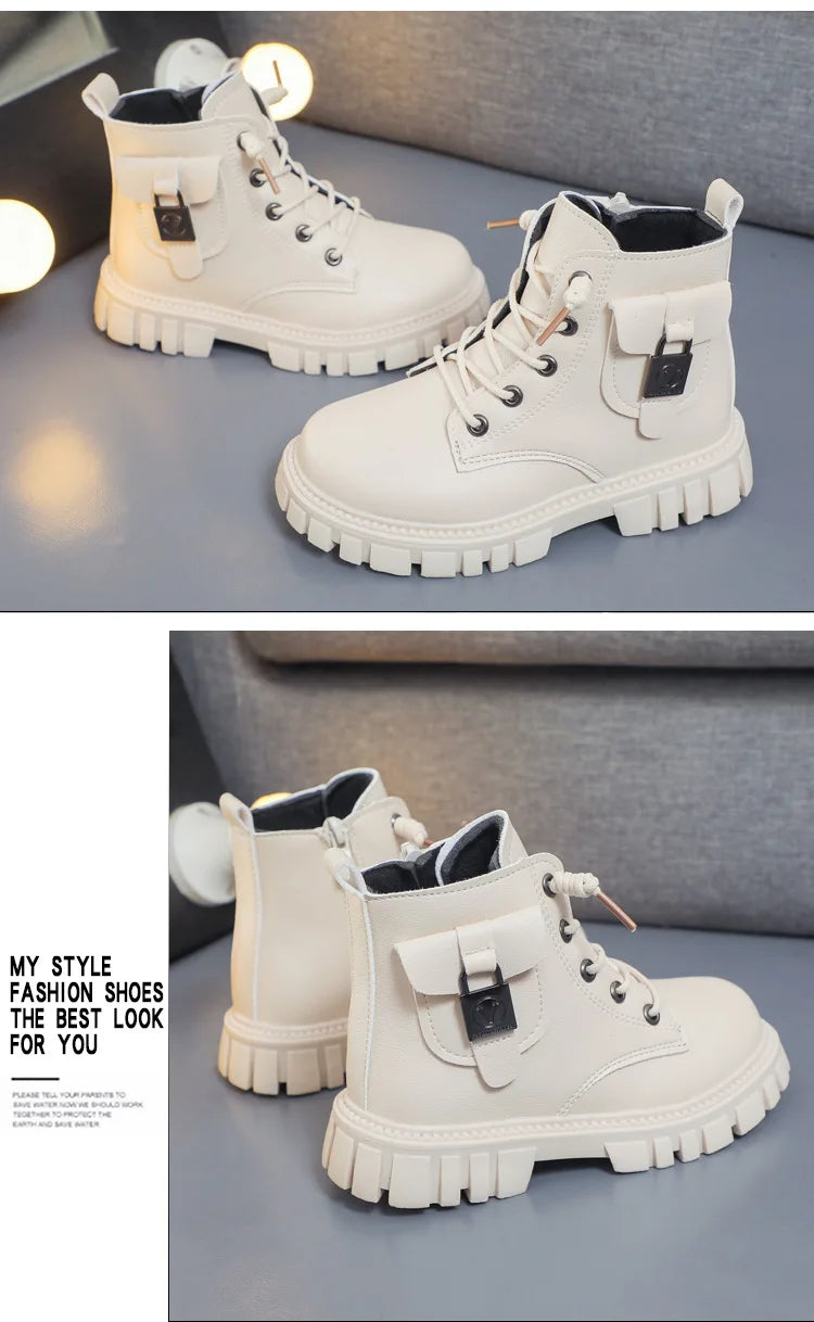 Autumn and Winter Girls Ankle Boots Fashion Non-slip Boys PU Leather Short Boots Children Korea Boots Fall Toddler Girl Boots