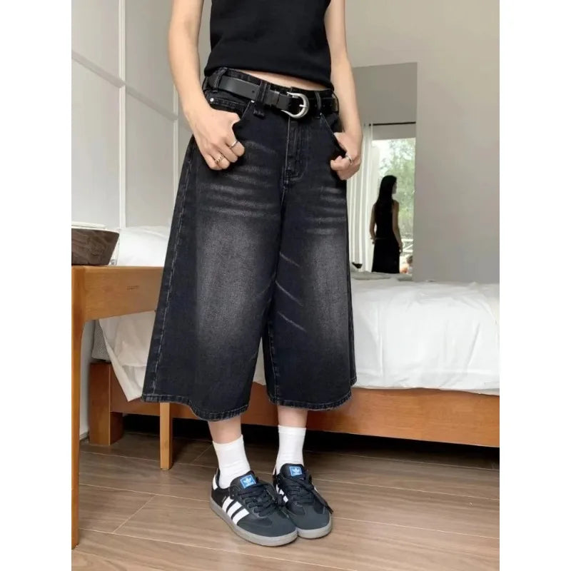 Deeptown Y2k Vintage Harajuku Denim Shorts Women Washed Letter Embroidery Tassels American Retro Jeans Man Baggy Hip Hop Jorts