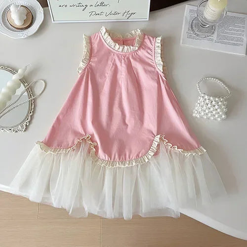 2025 New Summer Baby Girl Party Dress Sleeveless Cotton Solid Color Sister Clothing  2-7Yrs Kids Princess Dresses