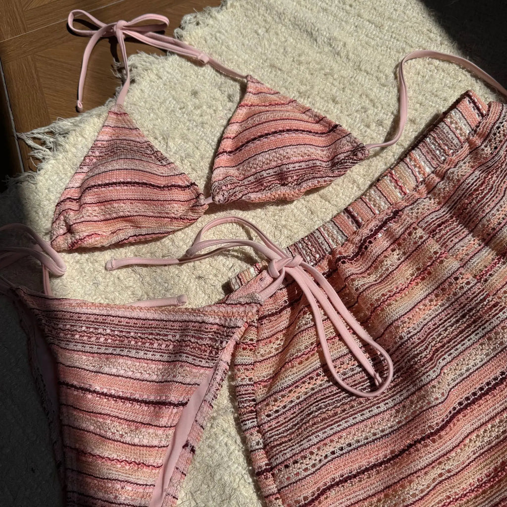 Sexy Crochet Bikini Set 2026 Women Coffee Contrast Striped High Waist Panties 3 Piece Swimsuit Bathing Suit Knitted Swimwear