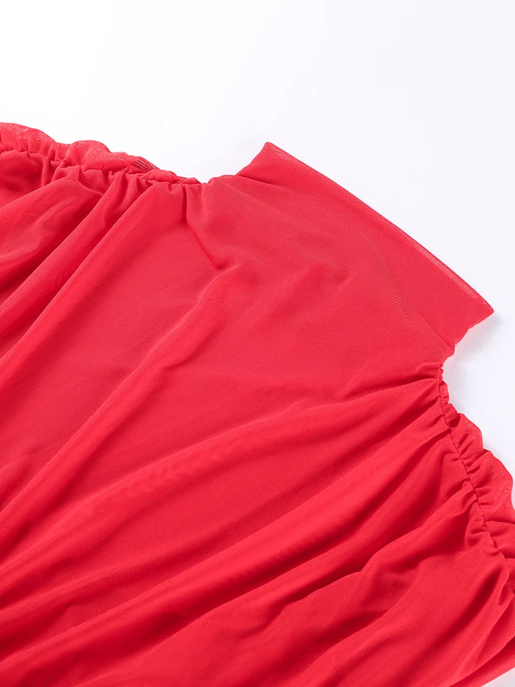 Sexy Red Pleated Mesh Long Dress Red See Through Patchwork Sleeveless A-line Party Dresses Female 2025 Summer Slim Robes Lady