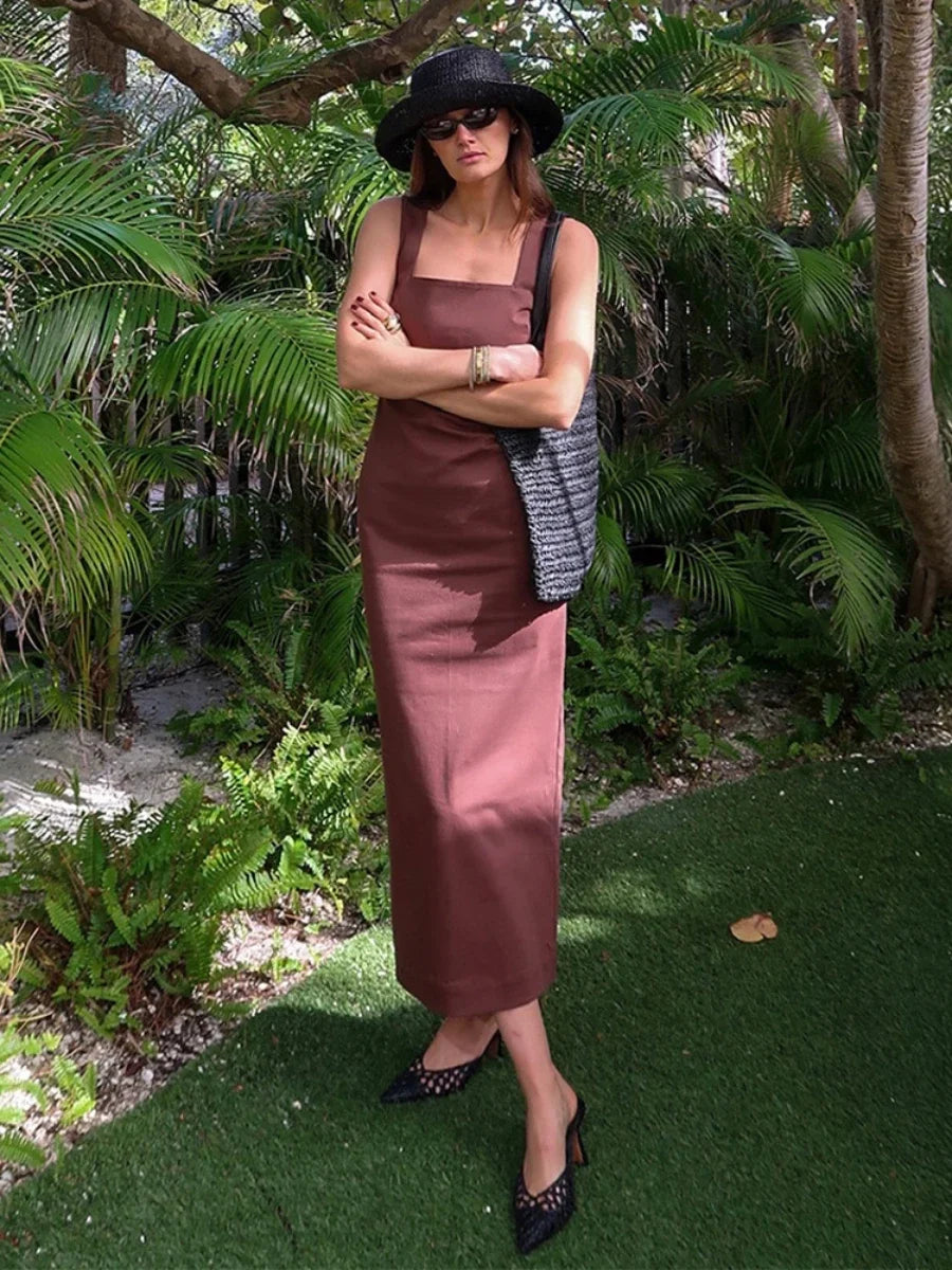 Wolfeel Cotton Linen Square Neck Suspender Dress Women's Solid Color Fashion Slim Fit Long Dress Summer New Women's Clothing